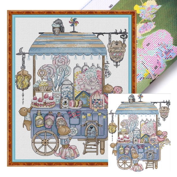 Hilo de bordar de algodón ecológico Wdftyju carrito de postre impreso 14CT Kit de punto de cruz 36x46cm