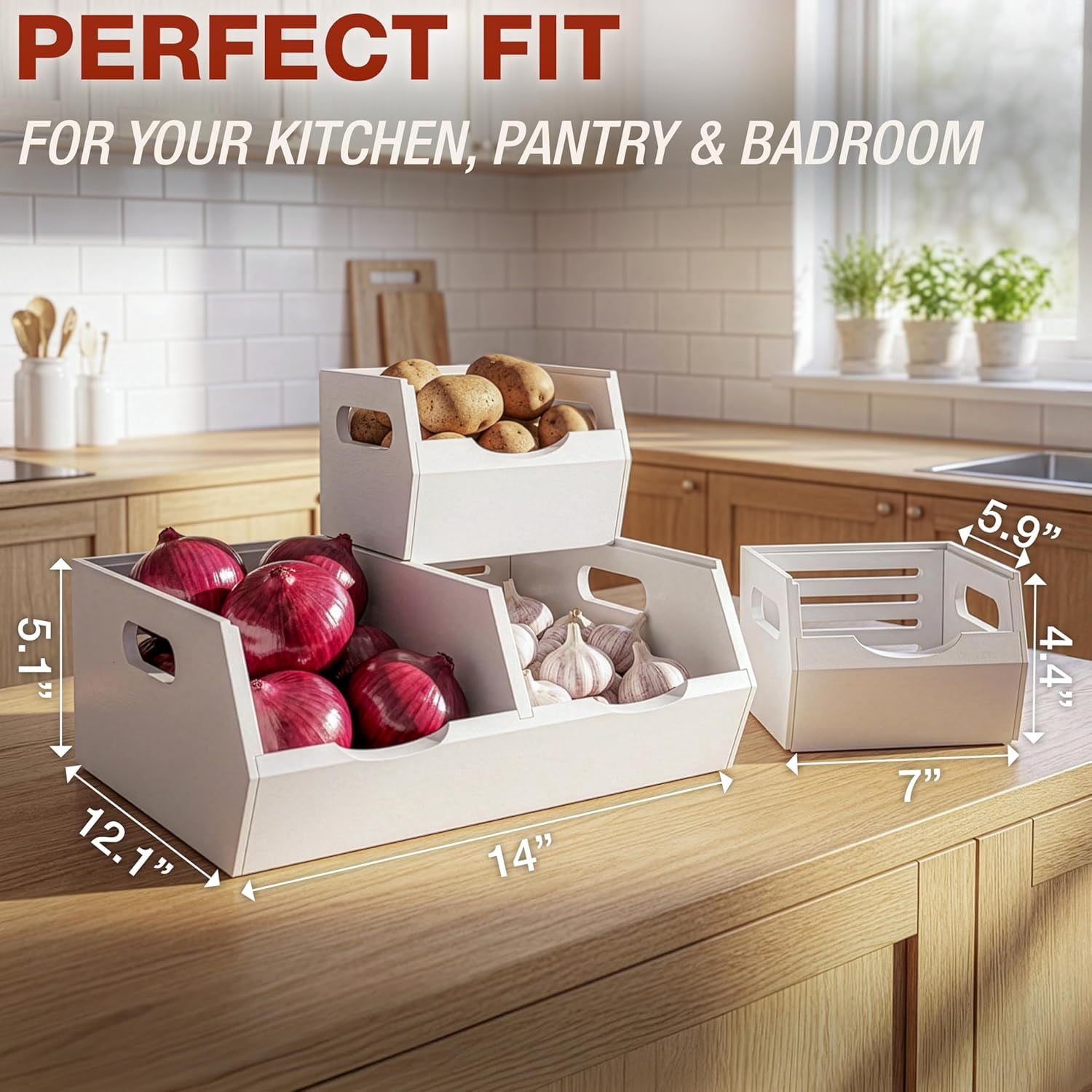 HOMESTEAD Acacia Wood Pantry Storage Bins, Stackable Bins Open Front Organizer, Ventilated Potato and Onion Storage Bins with Handles, Wooden Fruit Basket for Kitchen Pantry, Set of 3, White