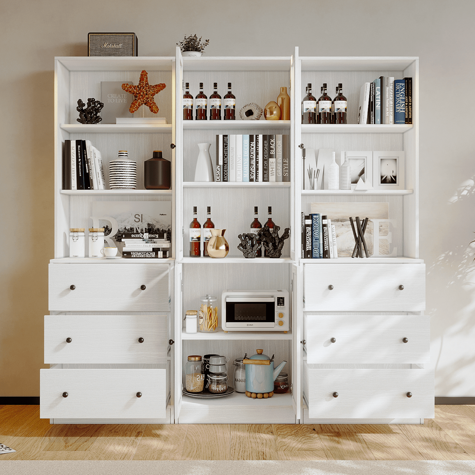 RichYa 3Pcs Vertical File Cabinet, 3-Tier Modern Bookshelf with 3 Large Drawers, Wood Filing Cabinet with Open Storage Shelf, Glass Doors for Home Office, White