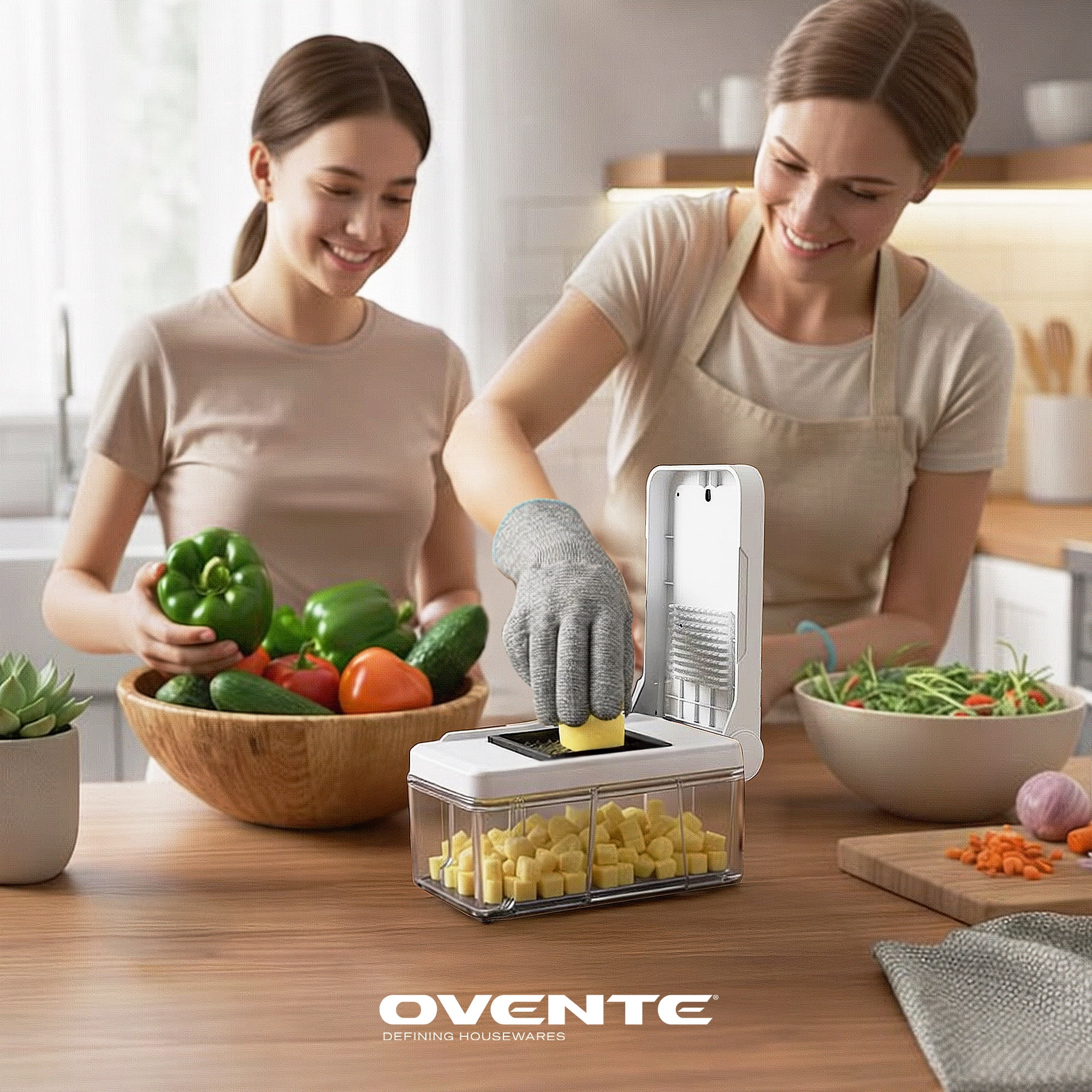 OVENTE Vegetable Chopper and Mandoline Slicer, 7-in-1 Multifunctional Kitchen Gadget & Food Cutter for Fruit, Onion, Potato, Cucumber, Cheese Grater, Veggie Spiralizer with Safety Gloves, White MD71W