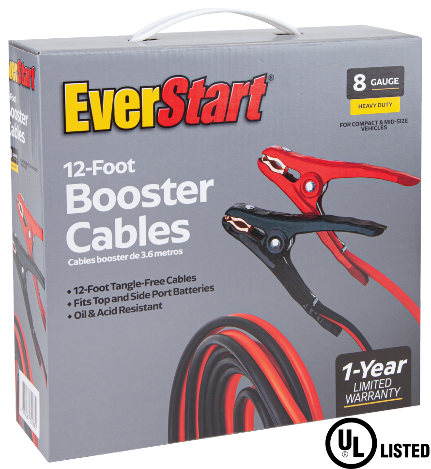 EVERSTART 12-FOOT 8-GAUGE HEAVY DUTY BOOSTER CABLES, 165 AMPS