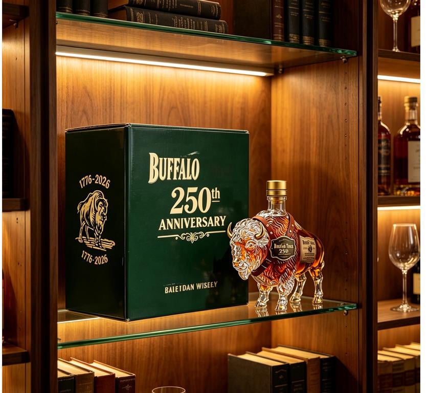 250th Anniversary 3D Bison Buffalo Shaped Glass Decanter, Hand Carved Spirit Liquor Bottle with Green Gift Box, Western Wildlife Bar Display Decor Gift for Bourbon Lovers