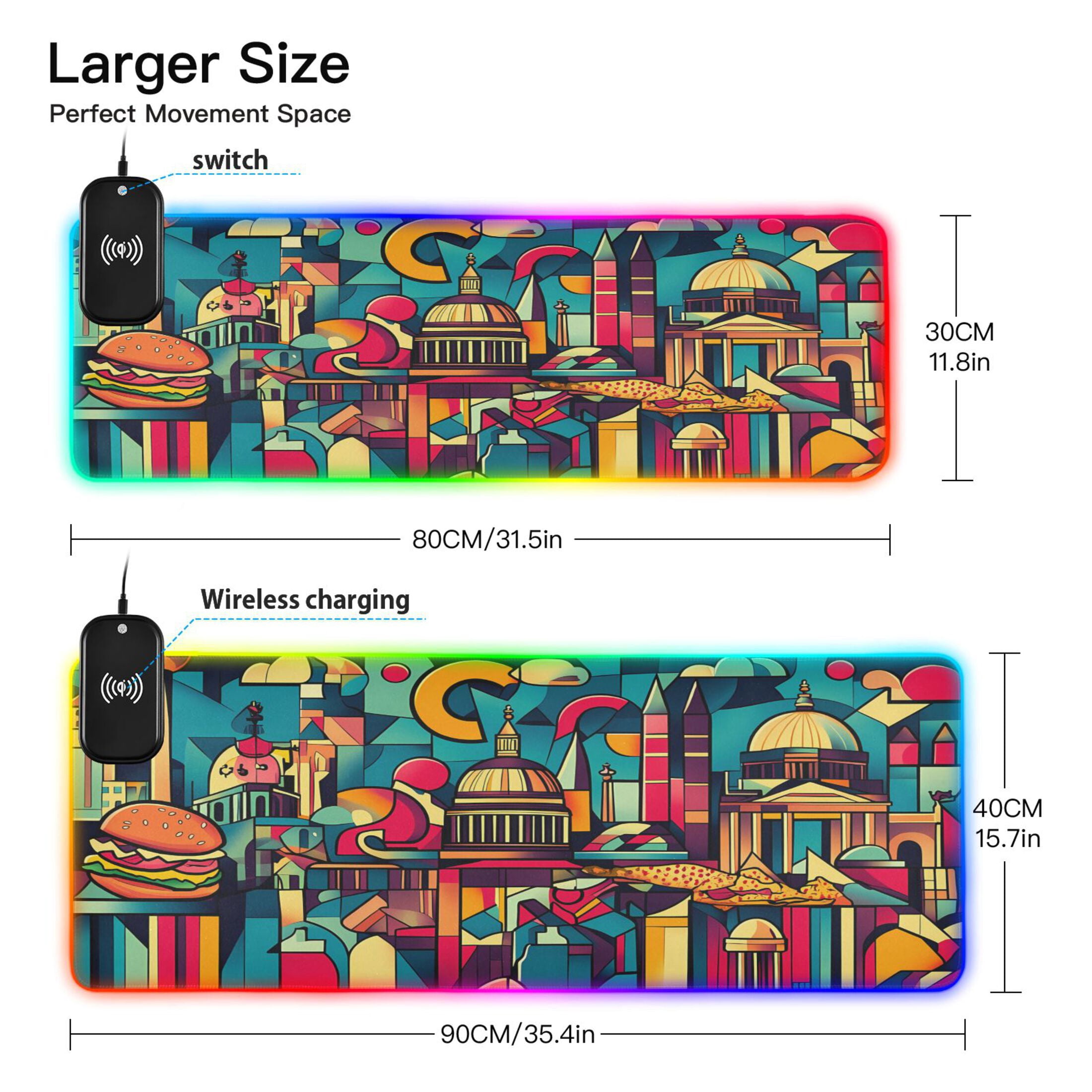 Wireless Charging Mouse Pad Large RGB Gaming Desk Mat 13 Light Modes Mousepad 31.5x11.8 Abstract Skyline