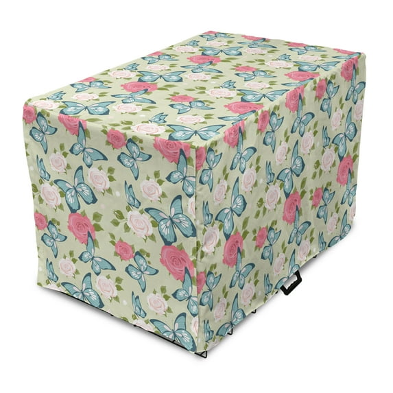 Insects Dog Crate Cover, Repeating Romantic Pattern with Roses and Butterflies Spring, Easy to Use Pet Kennel Cover Small Dogs Puppies Kittens, 7 Sizes, Pastel Green Multicolor, by Ambesonne