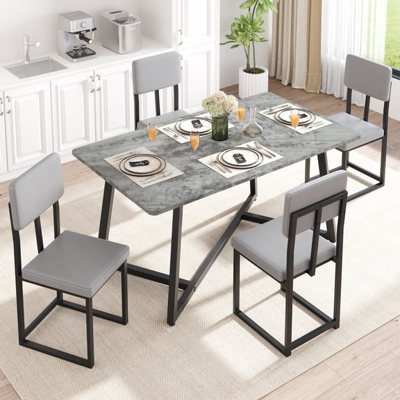 UHOMEPRO 5 Piece Dining Room Set, Modern Dining Table Set with Faux Marble Tabletop and 4 Leatherette Upholstered Chairs for 4 Persons, Rectangle Kitchen Table Set Dining Set for Dining Room, Gray