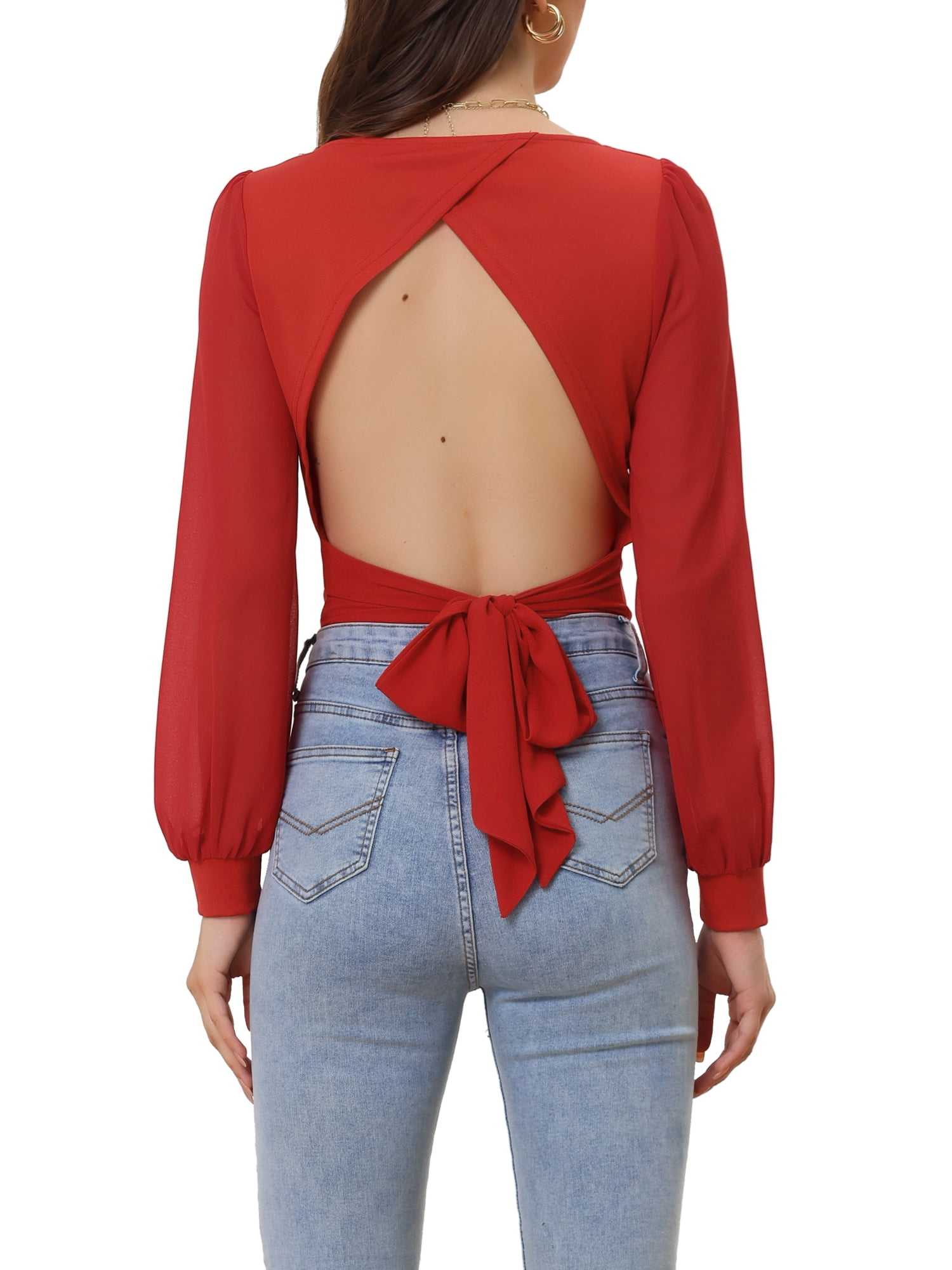 INSPIRE CHIC Women's Tie Back Tops Long Sleeve Banded Cuff