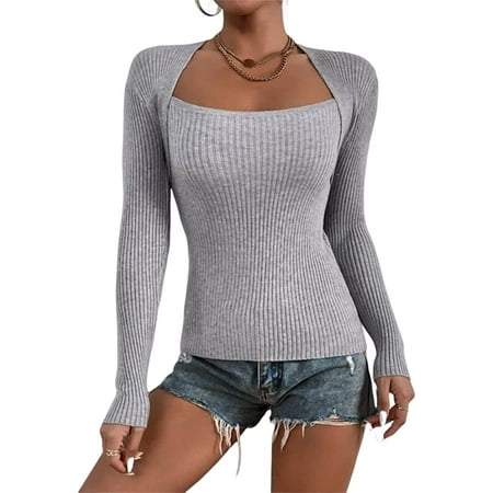 

PIKADINGNIS Womens Square Neck Ribbed Knitted Sweater Solid Long Sleeve Bustier Slim Fit Pullover Jumper Tops