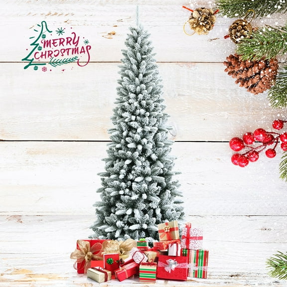 Gymax 7.5 FT Artificial Slim Christmas Tree Unlit Snow-Flocked Xmas Pencil Tree