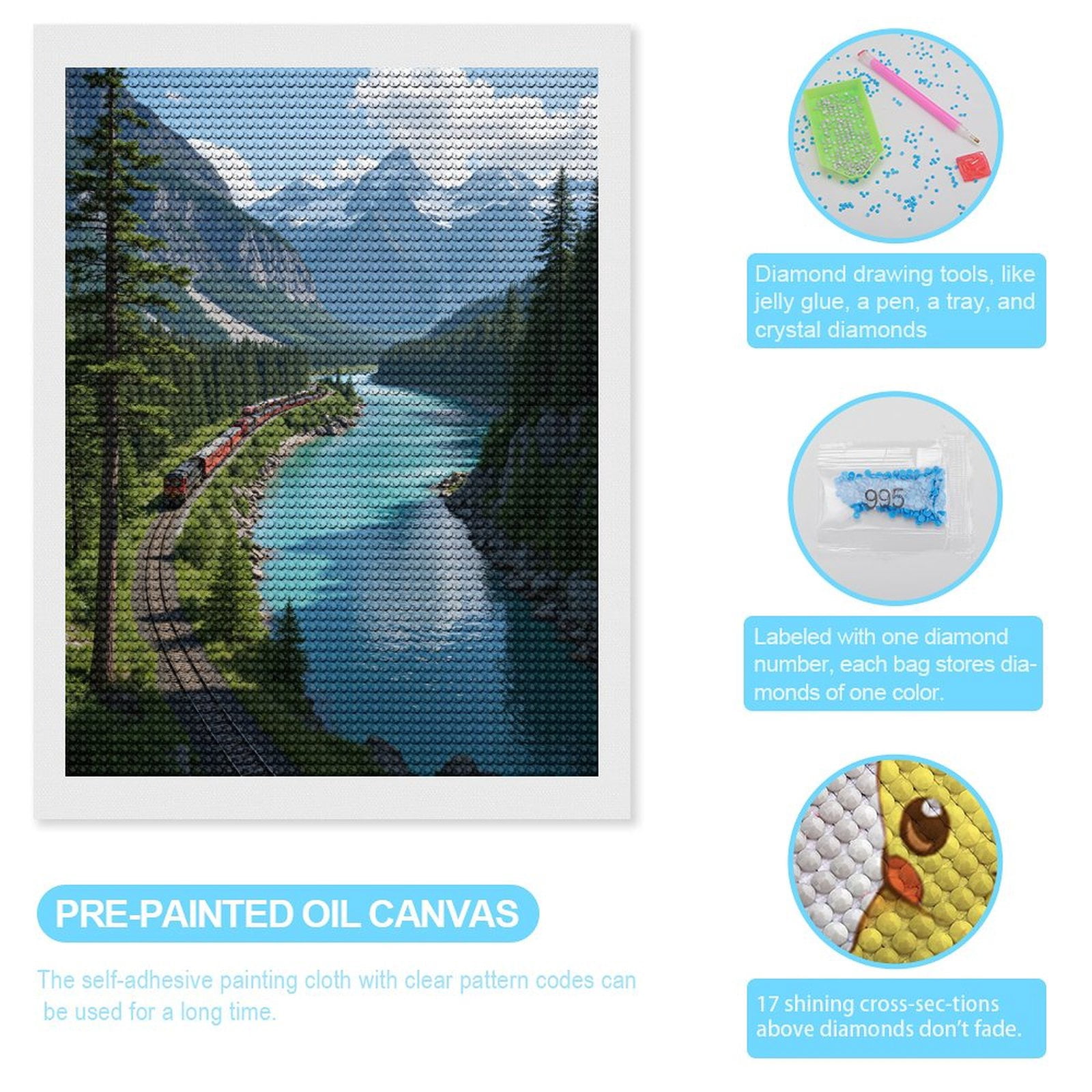 Diamond Art Kits for Adults, Mountain Train River Journey 5D Diamond Painting Kits for Adults Beginners, DIY Full Drill Diamond Painting, Gem Art and Crafts 12x16