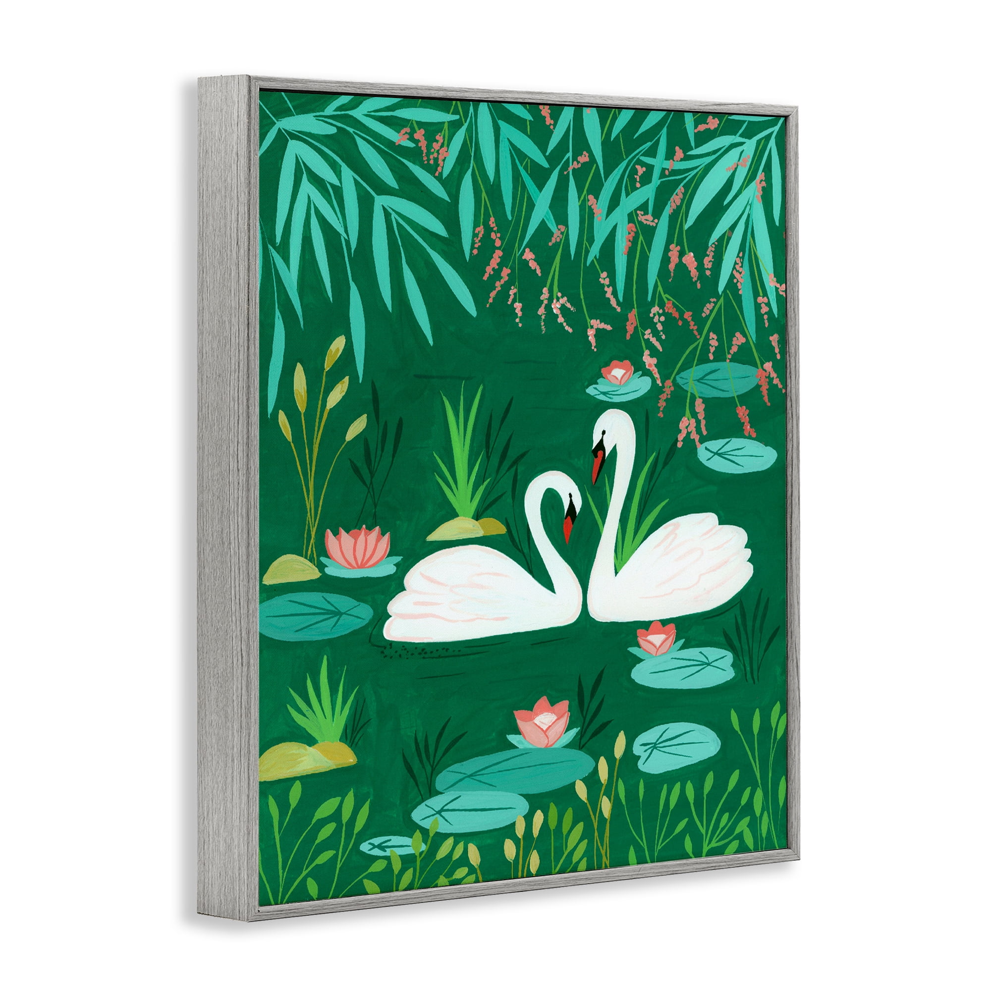 Swan Pair on Green Pond Gray Framed Giclee Art, design by Nabeela Rumi