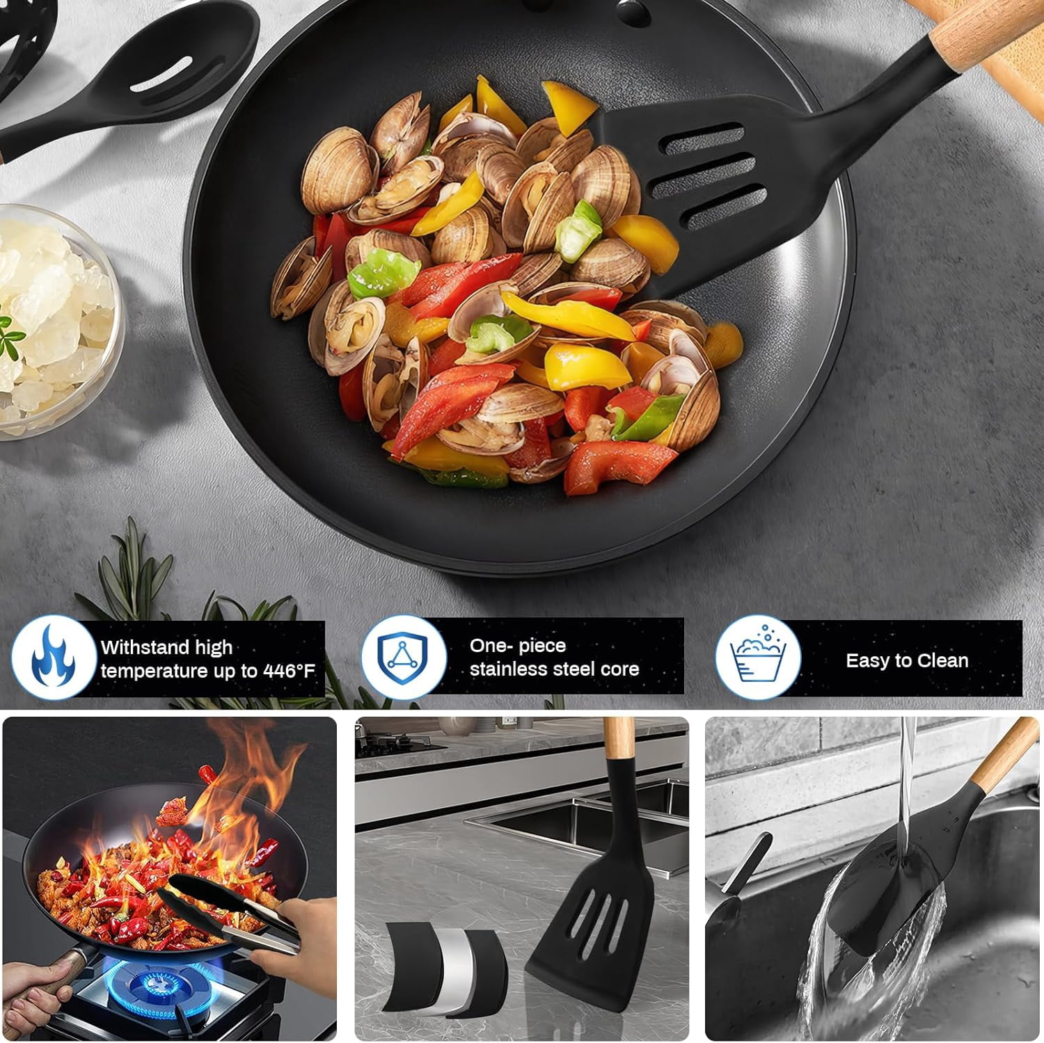 18-Piece Black Kitchen Knife Set with Holder, Professional Chef Knife Set Non-Stick Heat Resistant Silicone Utensils Wooden Handle for Cooking