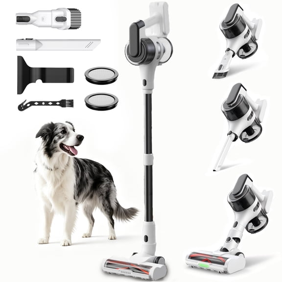 Maircle Cordless Stick Vacuum Cleaner, Power Suction, Headlight Motorized Brush, Lightweight, Self-Standing for Hard Floor, Carpet Pet Hair, White