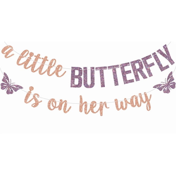 Rose Gold Glitter A Little Butterfly is on Her Way Banner, Butterfly Themed Baby's Birthday Baby Shower Party Decorations Supplies