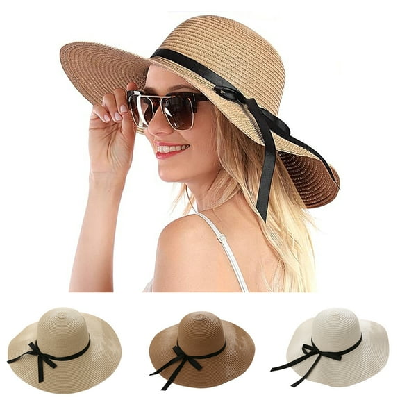 Women Sun Straw Hat,UV Protection Bowknot Wide Brim Beach Hat Travel