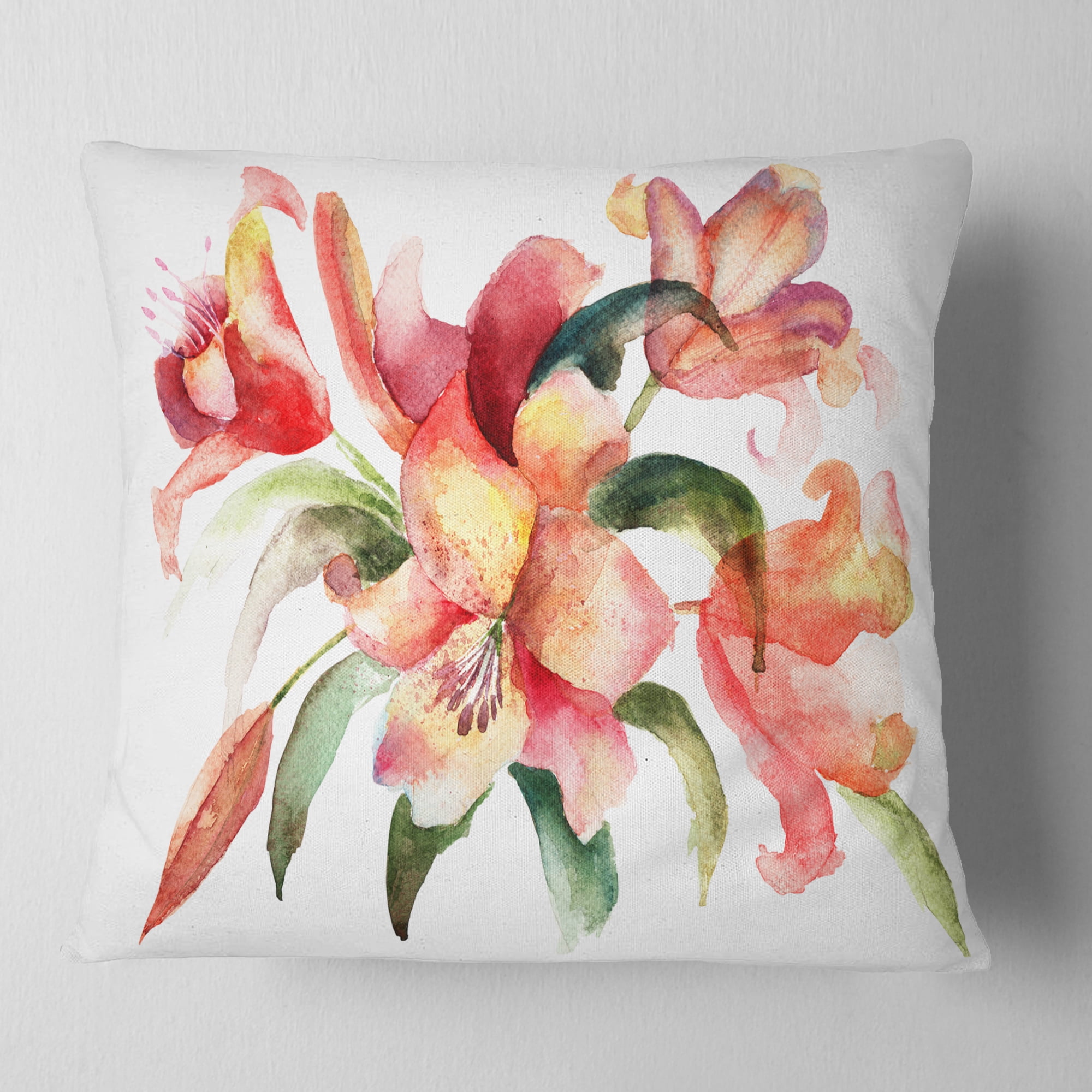 Designart Lily Flowers Watercolor Illustration - Floral Throw Pillow - 16x16