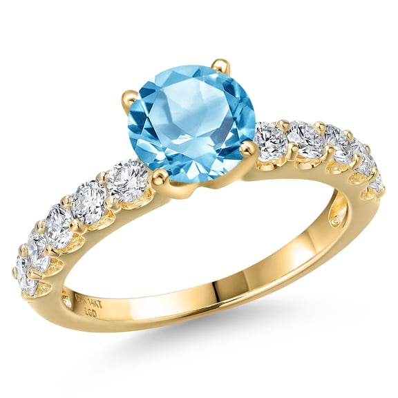 Gem Stone King 14K Yellow Gold Swiss Blue Topaz and Lab Grown Diamond Engagement Ring for Women | 1.85 Cttw | Round 6.5MM | Gemstone November Birthstone | Size 8