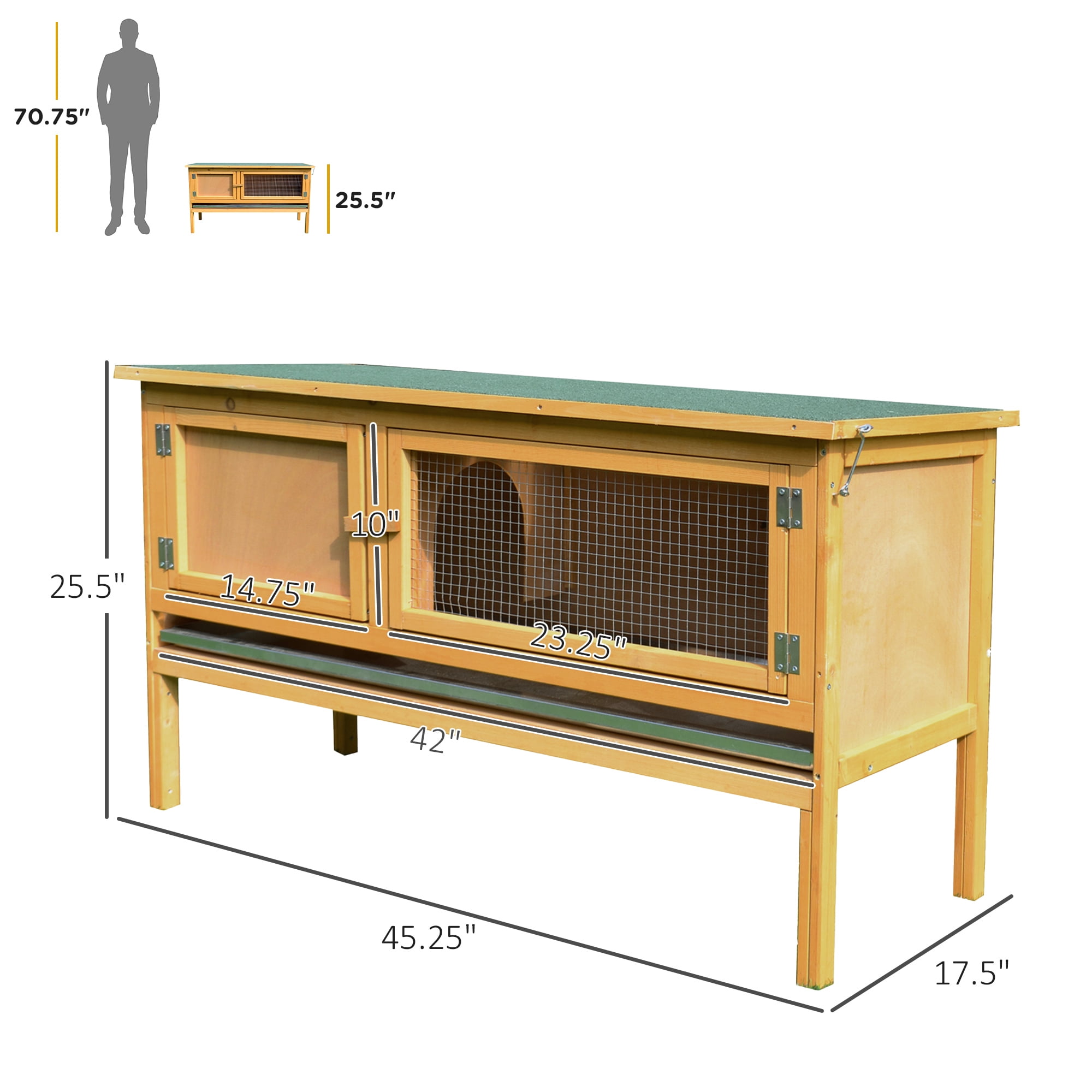 Wooden Rabbit Hutch Bunny Cage with Openable Waterproof Roof, No Leak Tray Sturdy Fir Wood Build for Indoor Outdoor