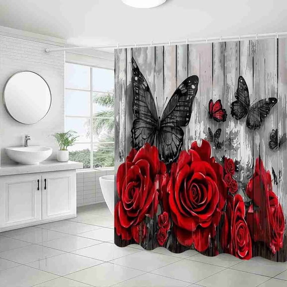 70x70 inch Red Rose and Black Butterfly on Rustic Wood Shower Curtain, Waterproof Polyester Fabric with Hooks for Bathroom Decor