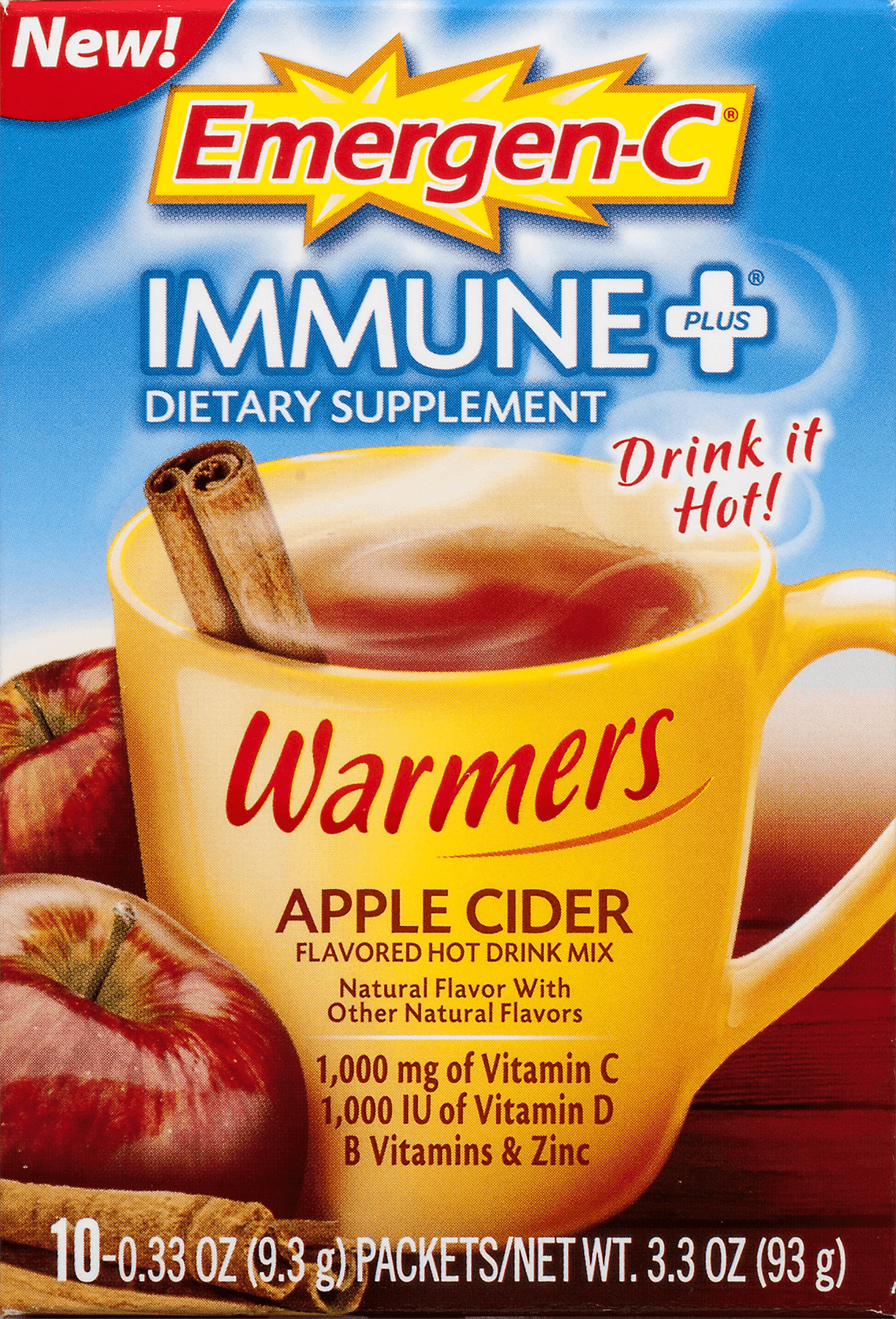 Emergen-C Immune+ Warmers 10 Count, Apple Cider Flavor) Dietary Supplement Flavored Hot Drink Mix, 1000mg Vitamin C, 0.33 Ounce Packets