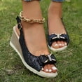 thumbnail image 3 of Rokment Women's Bow Wedges Dressy Sandals Bride Wedding Sparkly Rhinestones Fashion Bowknot Open Toe Platform Chunky High Heels Slingback Dress Sandal for Ladies Summer Black Size 6, 3 of 7