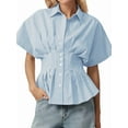 thumbnail image 3 of Striped Button Down Shirts for Women Short Sleeve Pleated Corset Blouse Casual Summer Blue Stripes S, 3 of 8