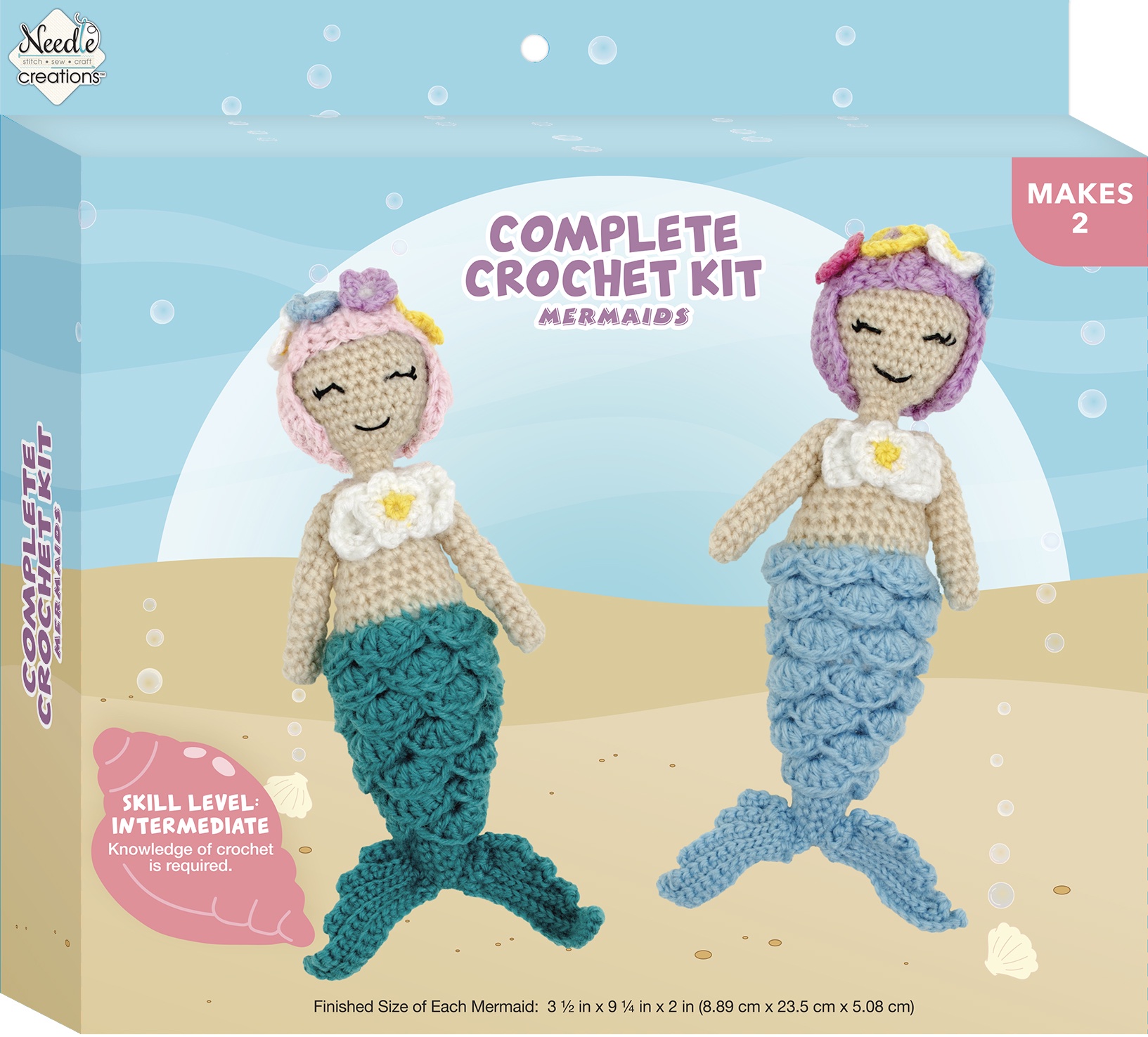 Needle Creations Intermediate Sealife Crochet Kits, 2 Mermaid and Jellyfish, Craft Crochet Kit with Instructions, 3 pack