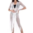 thumbnail image 5 of Women's Open Front Mesh Knit Beach Cover Up with Tassel Tie Waist Maxi Kaftan Cardigan for Swimwear Summer Vacation Crochet Swimsuits for Women White One Size, 5 of 5