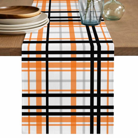 Orange Black Plaid Table Runner 36 Inches Long, Kitchen Dining Table Decoration, Farmhouse Orange Black Checkered Coffee Tablerunner Dress Scarves Farmhouse Décor for Party, Holiday, 13 x 36