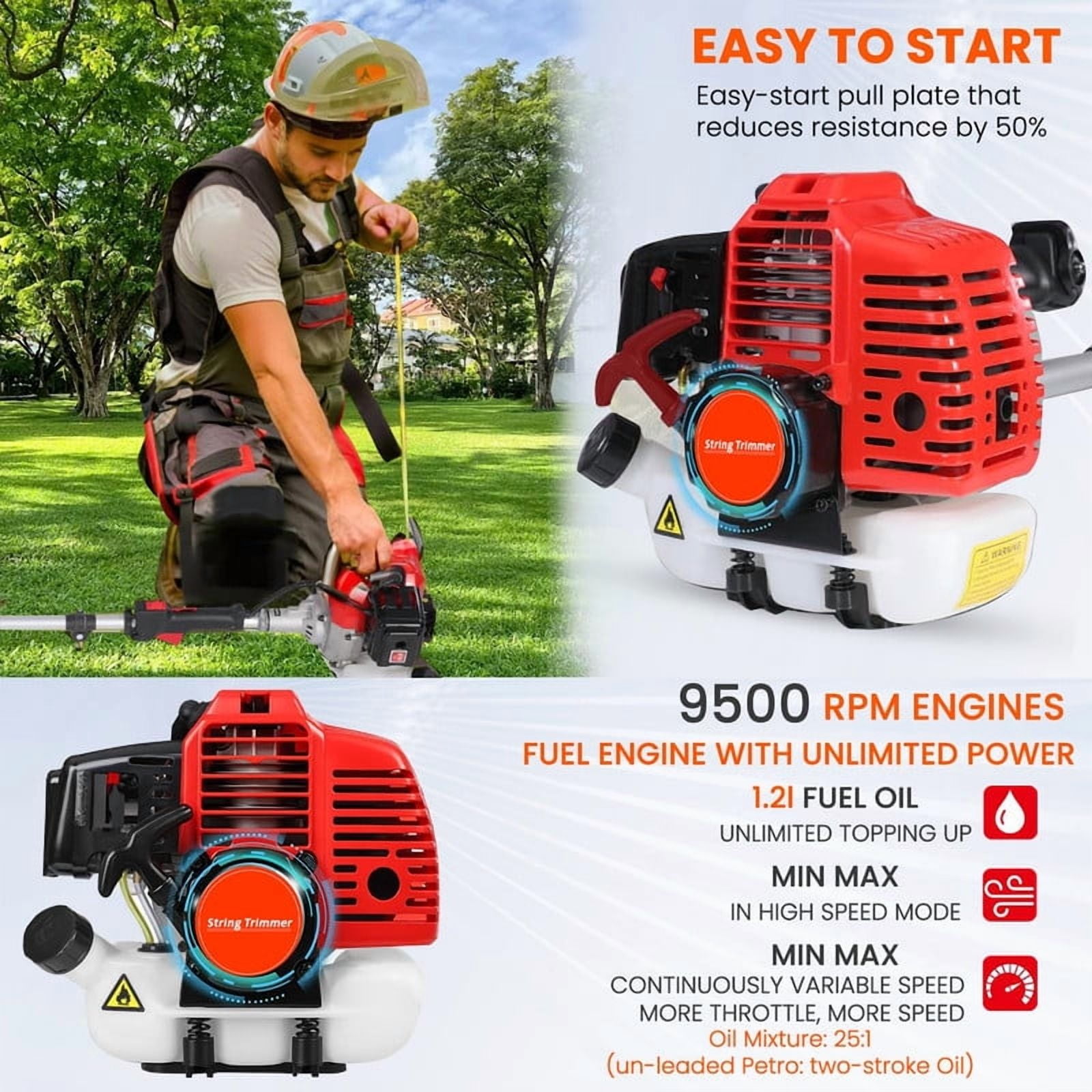 Weed Eater Gas Powered,52cc 2 Stroke Gas Weed Wacker, 5 in 1 Multi Functional Trimming Tools,Gas Hedge Trimmer,String Trimmer,Weed Eater,Brush Cutter,Pole Chainsaw with Extension Pole 9500rpm 2.3kw