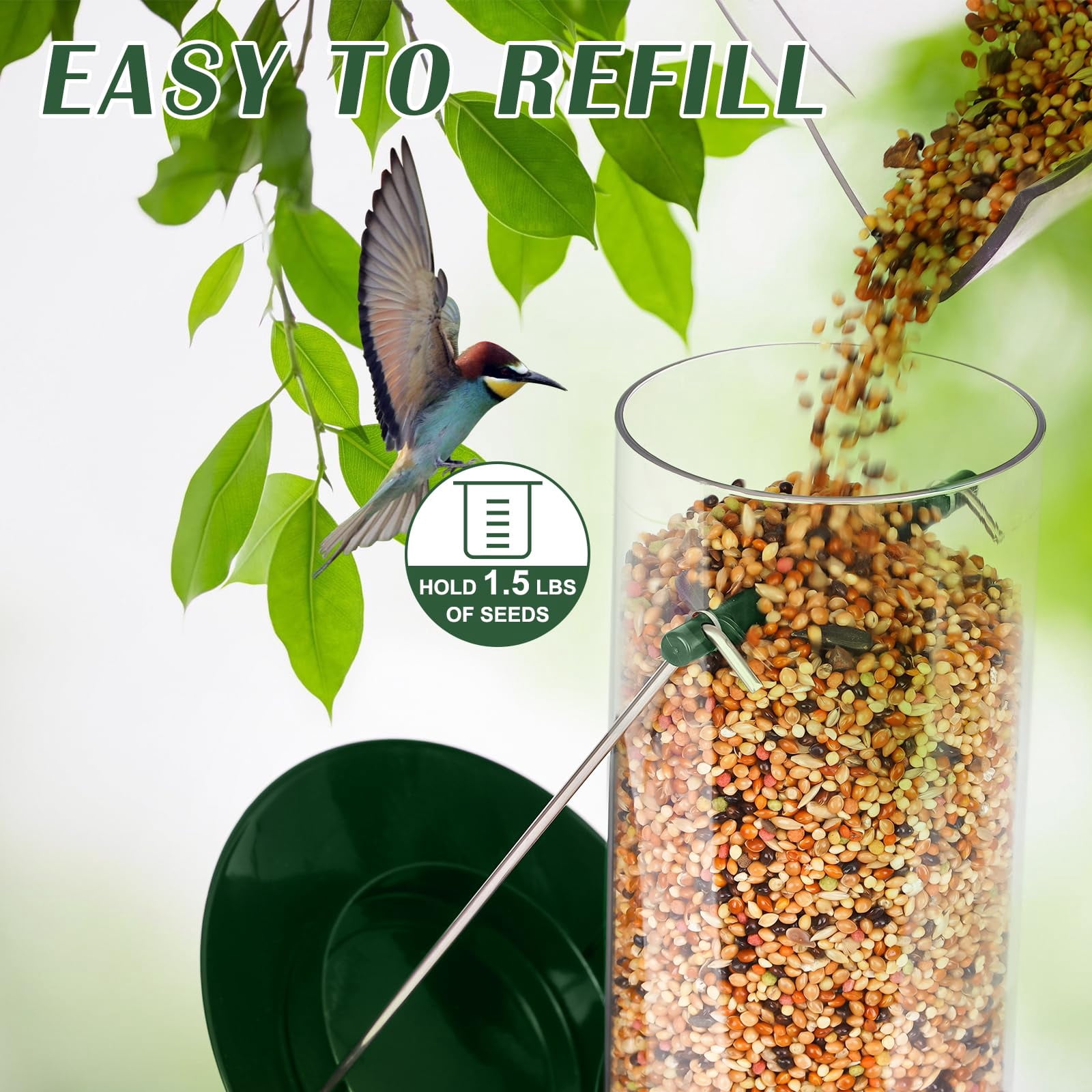 Metal Bird Feeder - 6 Port Tube Feeder for Outdoors, Heavy Duty Squirrel Proof with Metal Lid, Easy Fill & Clean, Weather Resistant, 13 Inch