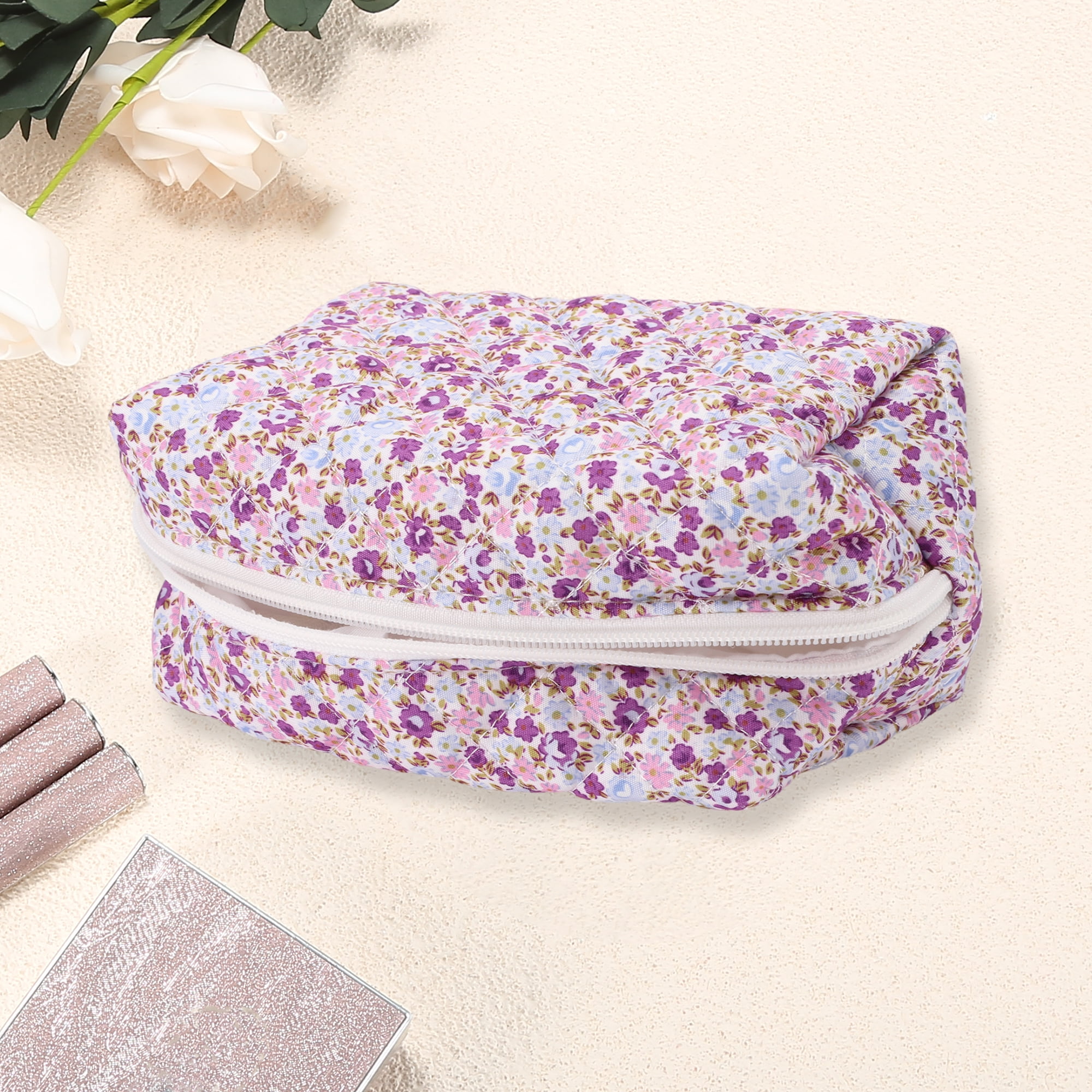 Unique Bargains 1Pc Women Portable Floral Quilting Cosmetic Bag for Travel Purple