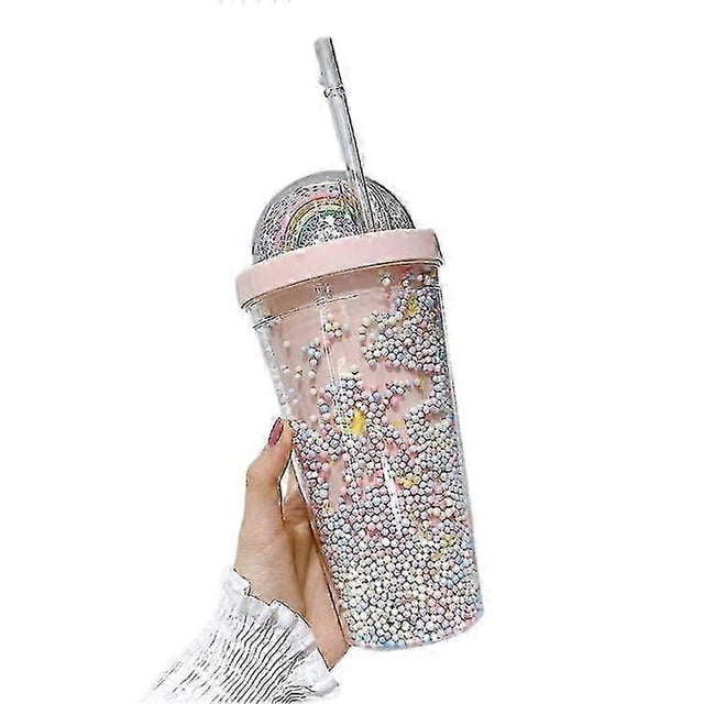 2026 Double Layers Rainbow Plastic Water Bottle With Straw Creative 550ml Mug