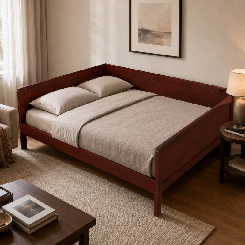 Euroco Wood Full Size Daybed, Sofa Bed with Slats, No Box Spring Needed, Dark Walnut