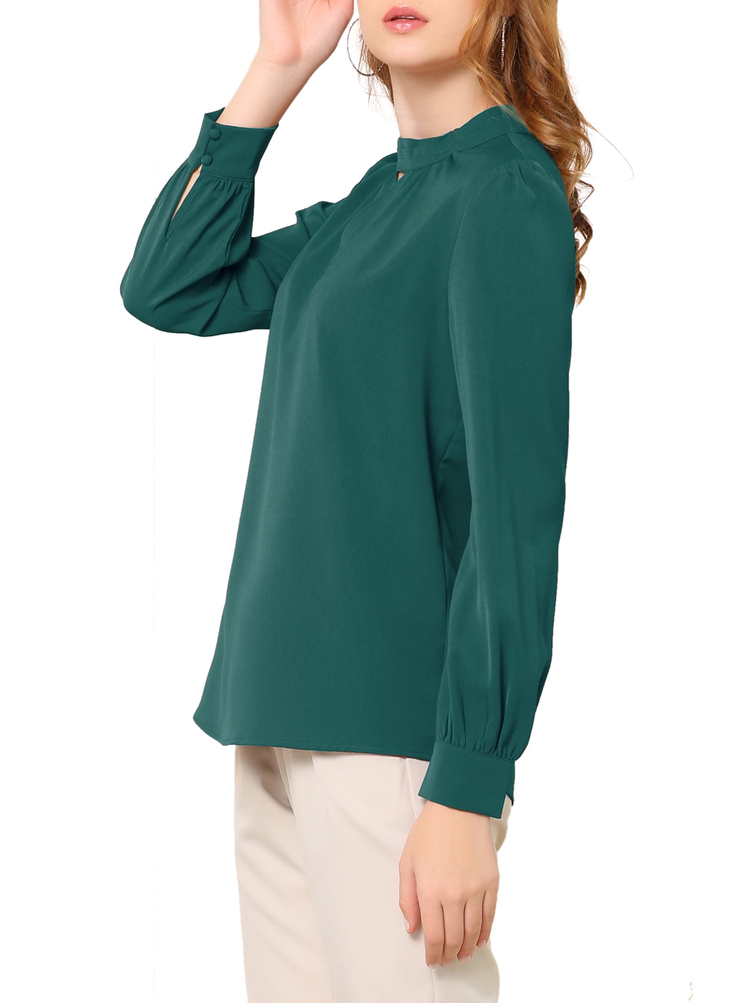 DARING DIVA Women's Stand Collar Long Sleeve Office Blouse S Deep Green