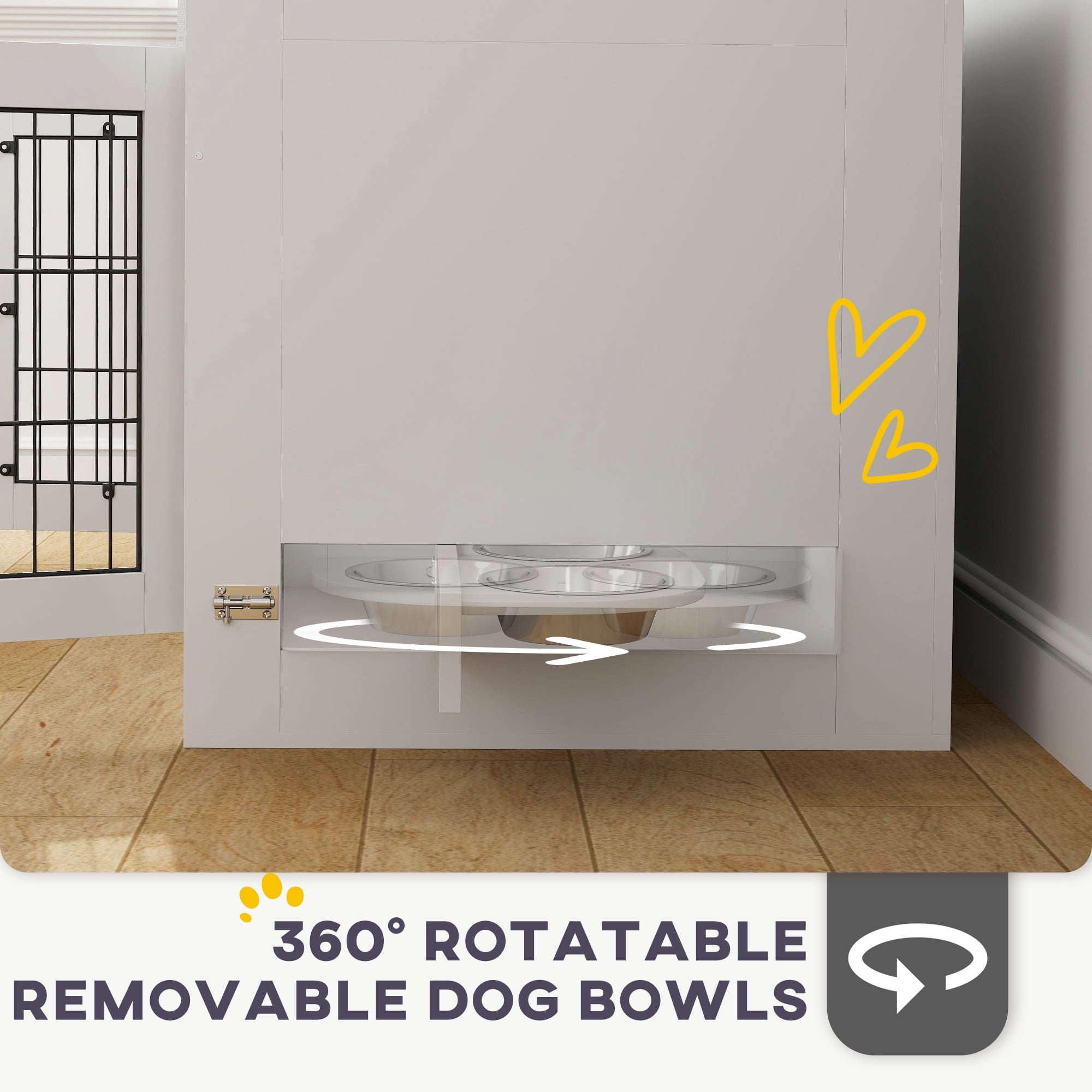PawHut Dog Crate Furniture with 360Â° Rotatable Removable Dog Bowls, Two Doors, Non-slip Foot Pads, Dog Kennel Furniture for Medium Dogs, White