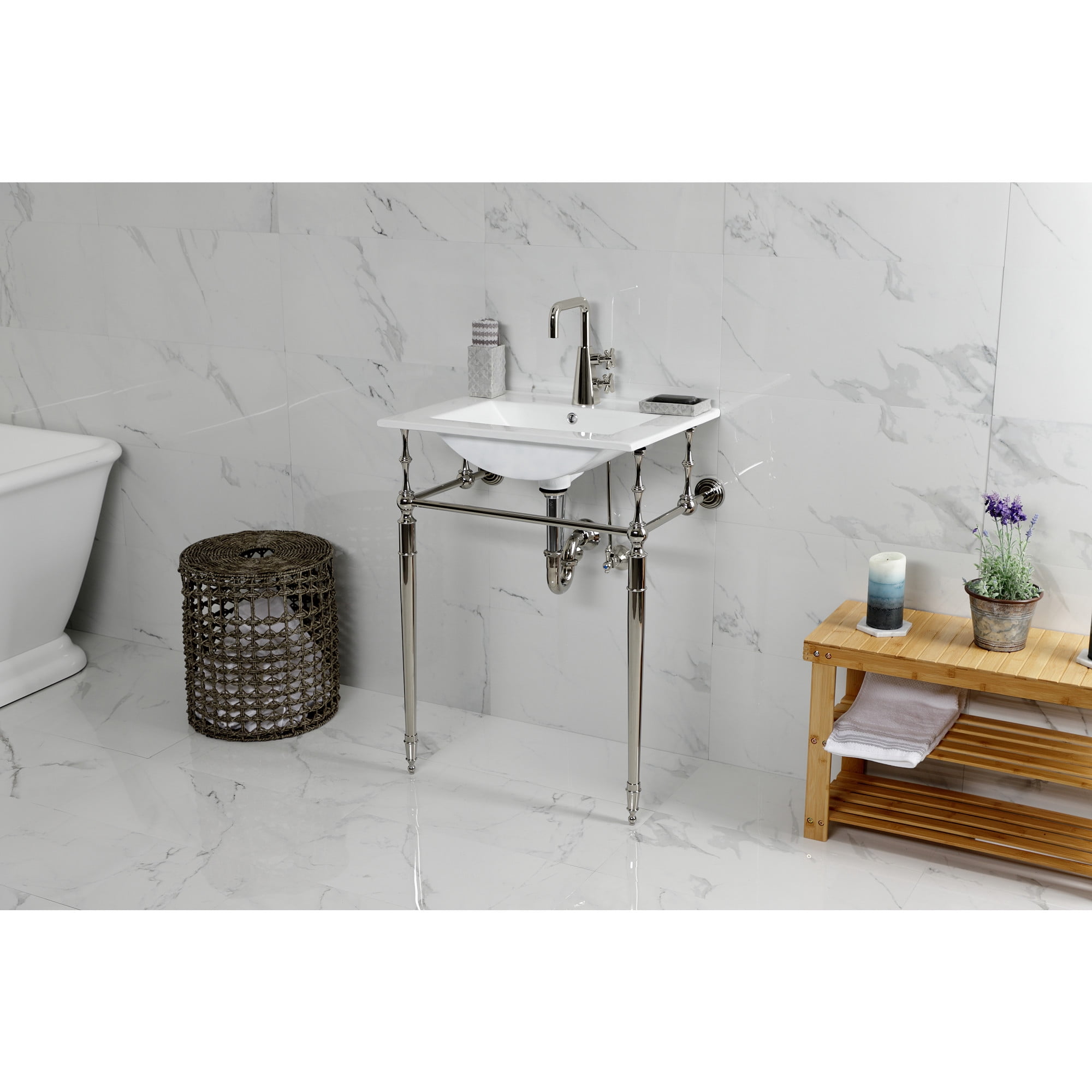 Kingston Brass KVPB24187W1PN Edwardian 24" Ceramic Console Sink with Brass Legs (1-Hole), White/Polished Nickel