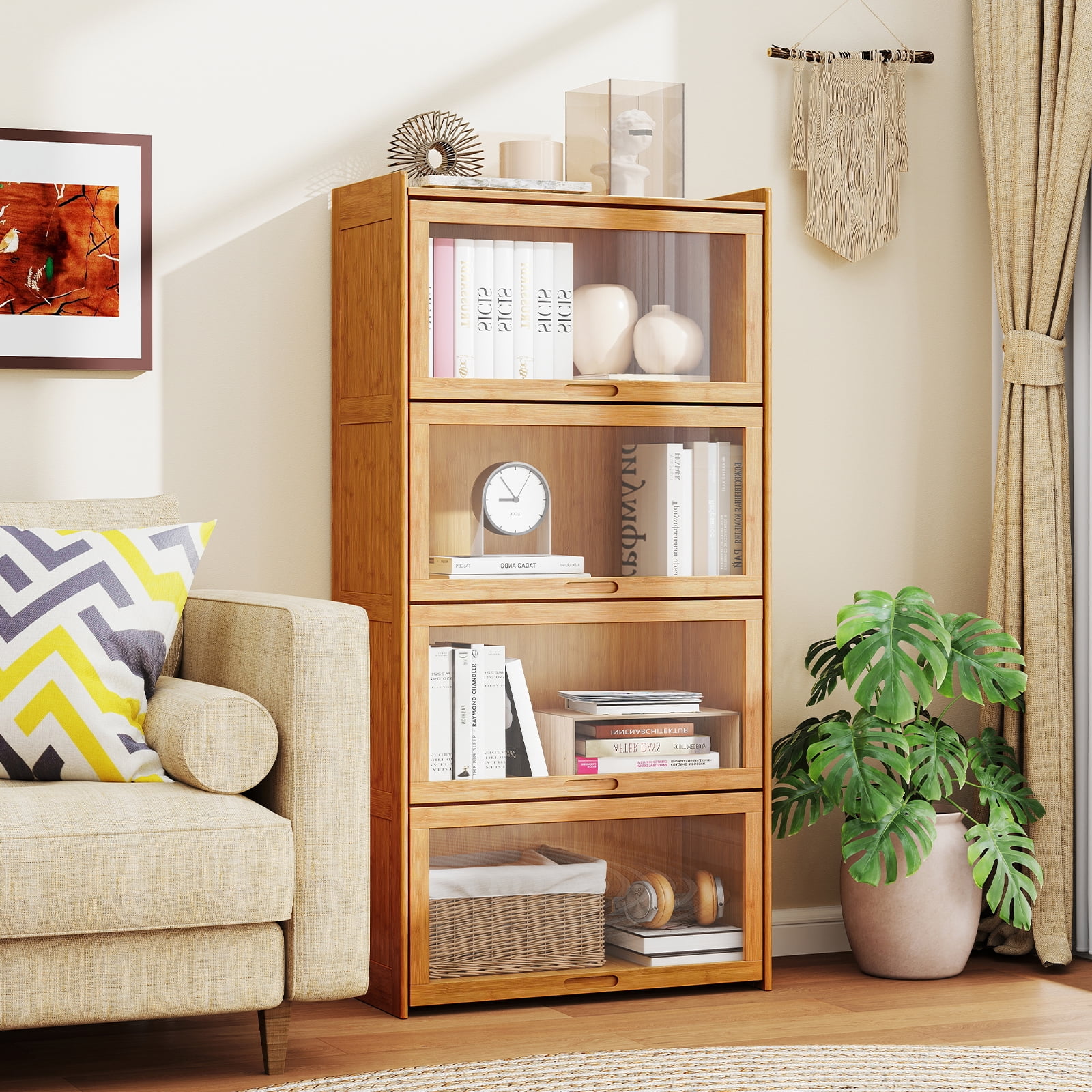 Gymax 4-Tier Bamboo Bookshelf w/Doors See-through Acrylic Doors Freestanding Bookcase Natural