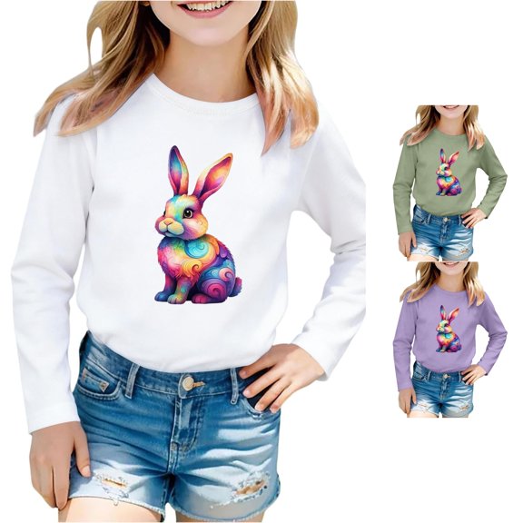 Toddler Girls Long Sleeve T Shirts with Rabbit Printed Round Neck Top Size 3-4T , White