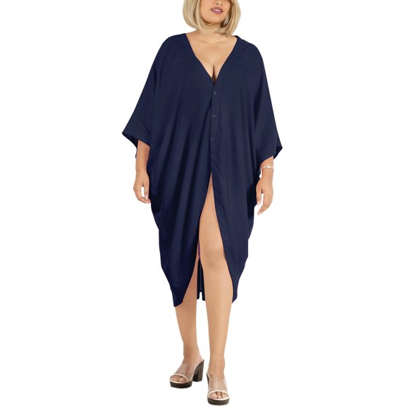 HAPPY BAY Women's Viscose Summer Button Closure Beachwear Duster Cardigan Beach Kimono 3X-4X Navy, Solid
