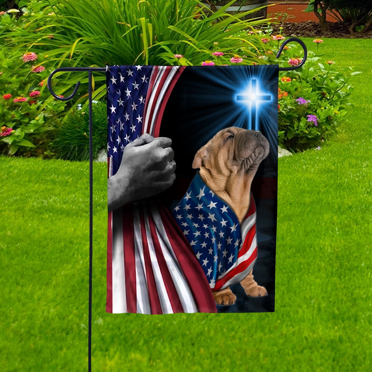 Hand Pulling USA Flag Shar Pei Dog Wearing Flag American Standing under Cross Christian Patriotic House Flag (3x5) Double Sided- Premium Polyester-Decorative Indoor Outdoor Flag
