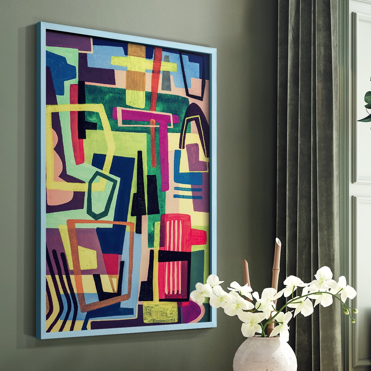 Connected Colors I Framed Print in Blue Solid Wood Framed Print No Nail Hanging