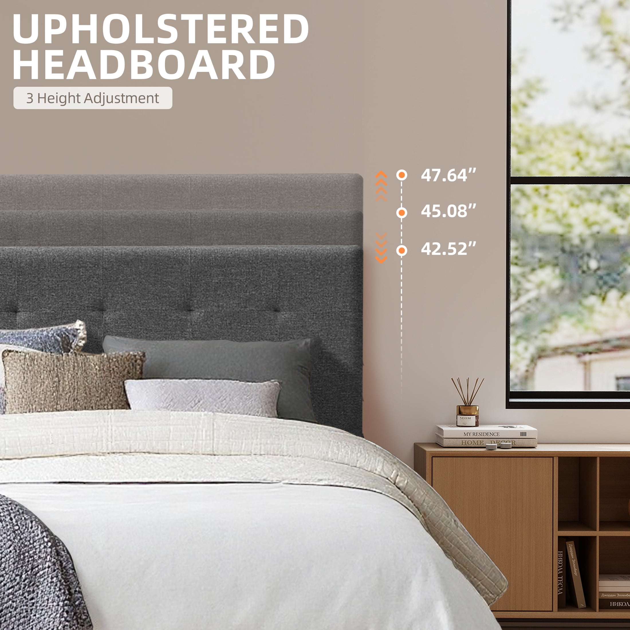 AENKYO King Size Upholstered Platform Bed Frame, Tufted Low Profile Design with Adjustable Headboard, Gray