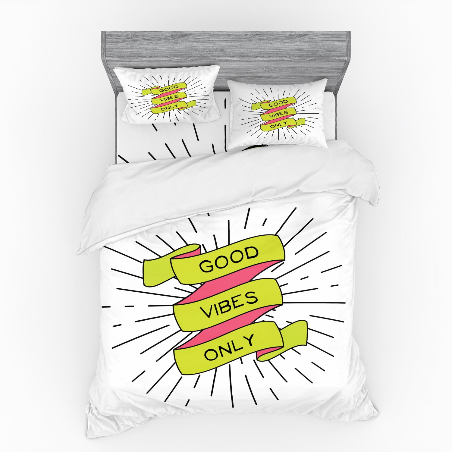 Saying Duvet Cover Set, Positive Words on a Curl Ribbon with Rays