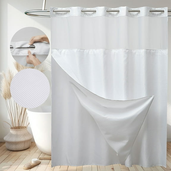 Siiluminisoy White No Hook Shower Curtain with Snap in Liner, Boho Tufted Geometric Striped Design Fabric No Hook Waterproof Mesh Window Bathroom Curtain, 71"X 74"
