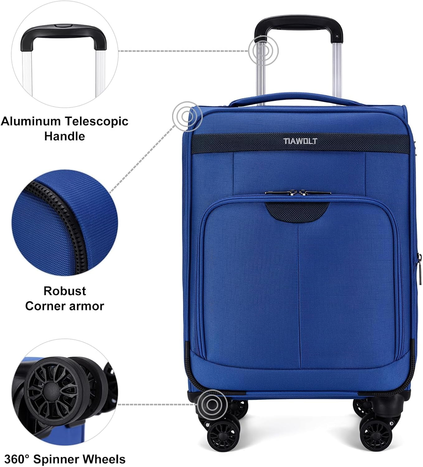 TIAWOLT Carry On Luggage 22x14x9 Airline Approved with Wheels Softside Expandable Luggage Suitcase with TSA Lock-Blue