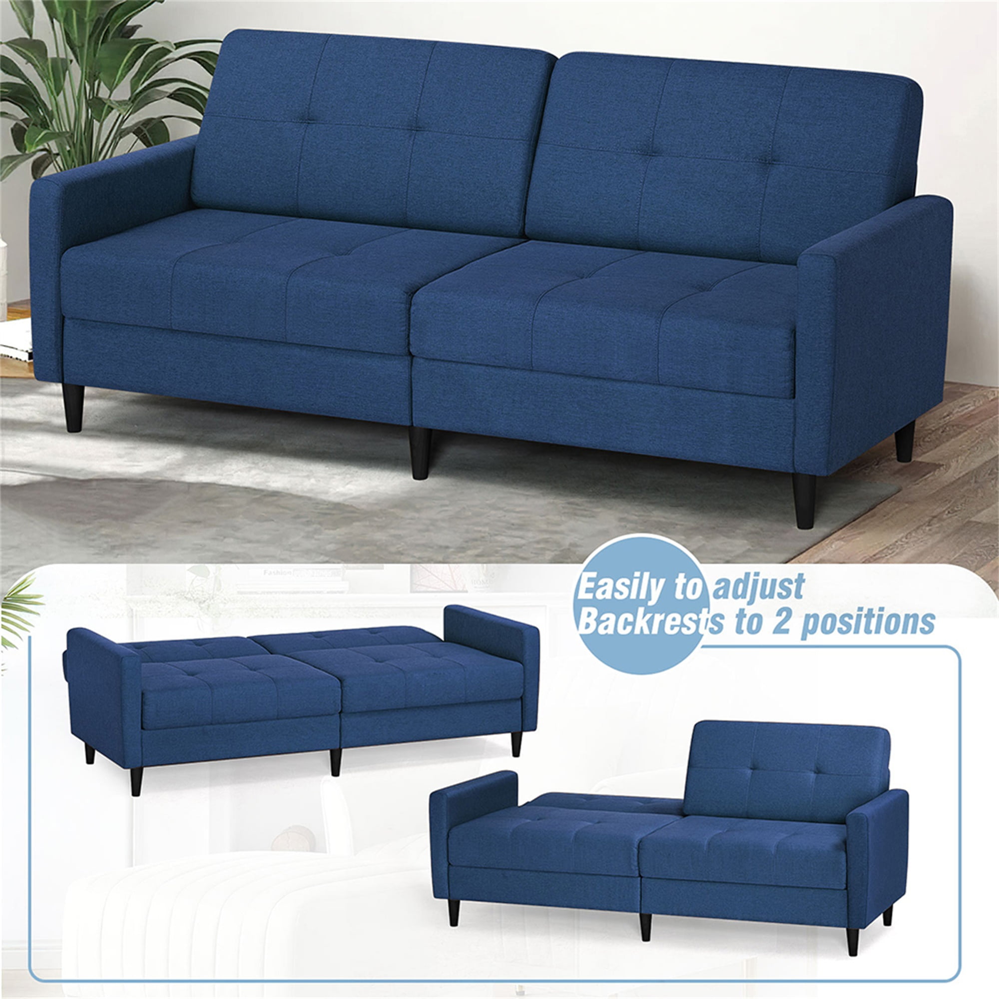 Kadyn Loveseat Sofa Bed, Mordern Convertible Sofa with Adjustable Backrest and Wooden Legs, 2-Seat Couch for Bedroom, Blue Kadyn Loveseat Sofa Bed, Mordern Convertible Sofa with Adjustable Backrest and Wooden Legs, 2-Seat Couch for Bedroom, Blue