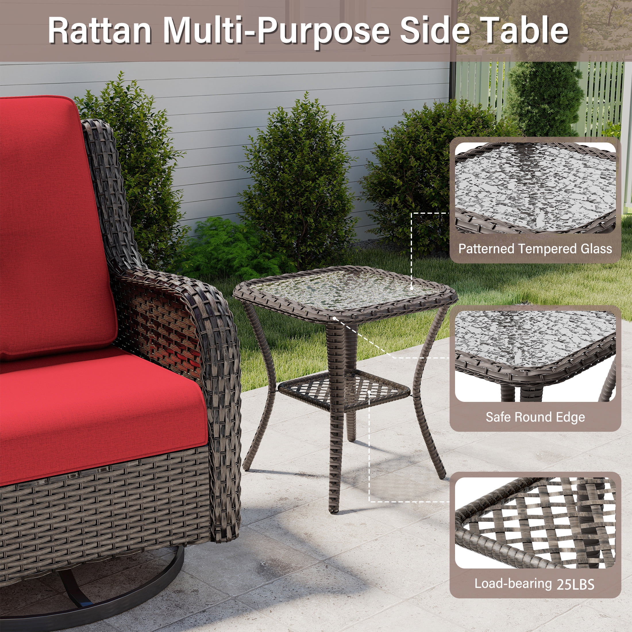 MeetLeisure 3 Piece Wicker Patio Furniture Set with Side Table, Outdoor Swivel Rocker Chairs with High Back, Deep Seating, Wide Armrest, Thick Cushions for Deck Porch, Red