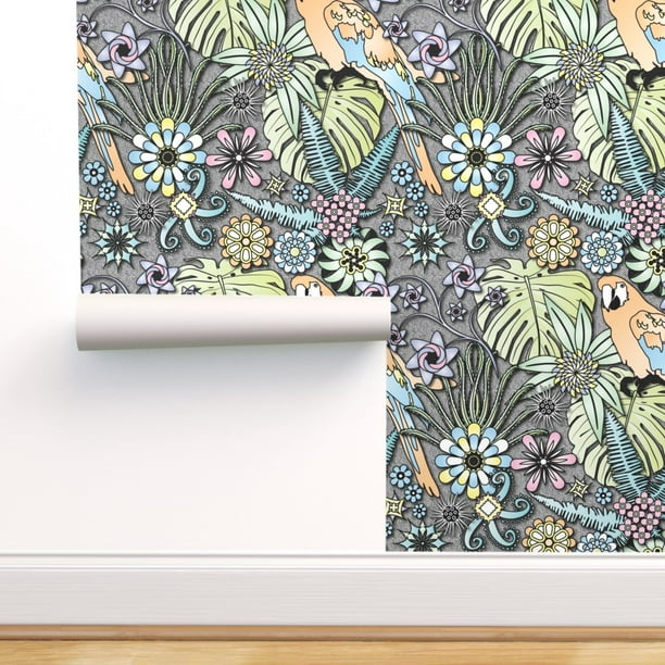 Peel & Stick Wallpaper 9ft x 2ft - Jungle Flowers Pastel Colors Tropical Parrot  Bird Forest Floral Leaf Custom Removable Wallpaper by Spoonflower -  