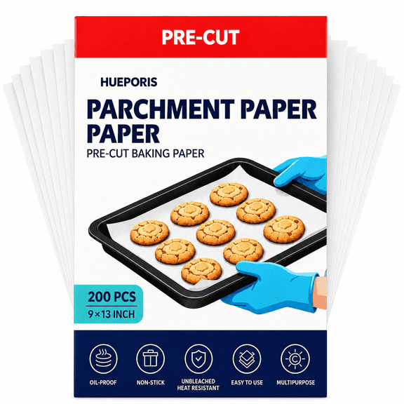 HUEPORIS 9x13 Inch White Parchment Paper Sheets 200 Pcs - Pre-Cut Non-Stick Heavy Duty Baking Paper, Greaseproof Cooking Sheets for Oven, Air Fryer & Microwave