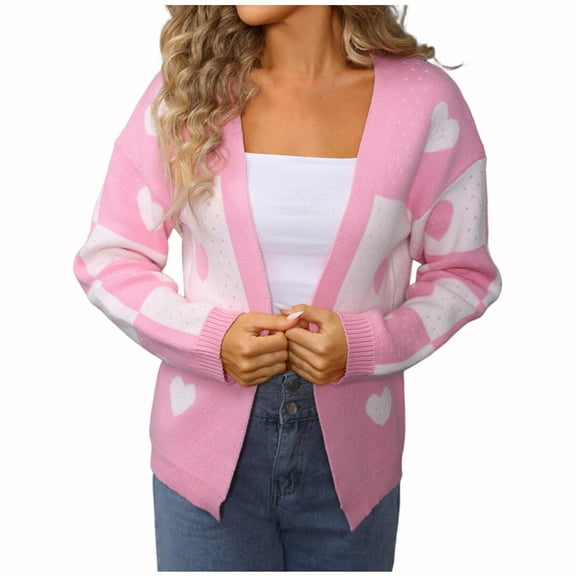 hoksml Women's Heart Print Color Block Cardigan Long Sleeve Open Front Sweater Jacket Fall Winter Graphic Knit Cover-Up